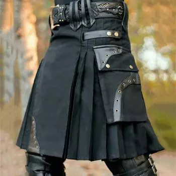 Мужской килт Utility Kilt в шотландском традиционном стиле Хайленд, однотонный, плиссированный, с пряжками, на ремешках, с карманами-карго XXXXXL чёрный