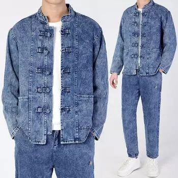 Мужской китайский стиль весна-осень костюм ханьфу ковбойские комплекты тренд свободная версия длинный рукав костюм тан джинсовая куртка + джинсы XXXL чёрный