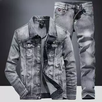 Мужской классический джинсовый костюм на весну и осень, мужская облегающая куртка из микро-стрейч, джинсы 5XL M темно-синий