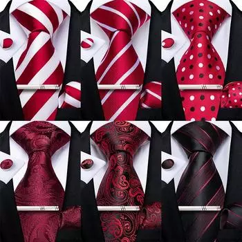 Мужской классический красный полосатый галстук и нагрудный платок, шелковый галстук с зажимом для галстука, свадебный галстук 0206