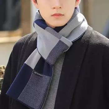 Мужской клетчатый шарф с принтом, повседневный мягкий теплый вязаный шейный платок, лоскутный цветной шарф с имитацией кашемира, зимние аксессуары темно-синий