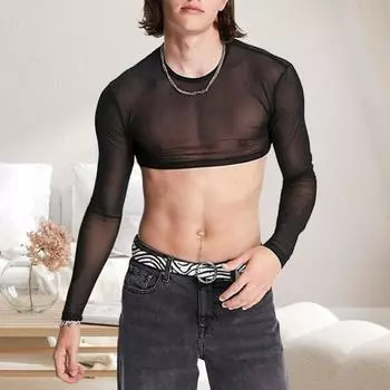 Мужской клубный топ, прозрачная сетка, ультратонкий эластичный топ с длинными рукавами и круглым вырезом, узкая талия, открытая для ночного клуба S чёрный