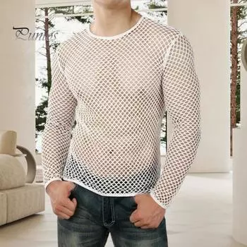 Мужской клубный топ, прозрачный ажурный сетчатый круглый вырез с коротким рукавом, свободный тонкий пуловер в стиле хип-хоп, уличная мужская одежда L чёрный