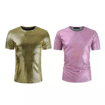 Мужской клубный топ с круглым вырезом, гладкая глянцевая поверхность, клетка с короткими рукавами, приталенный крой, мягкий M фиолетовый