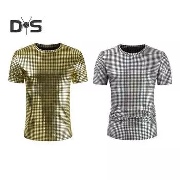 Мужской клубный топ с круглым вырезом и гладкой глянцевой поверхностью в клетку с короткими рукавами, приталенный, мягкий, средней длины, вечерние, танцевальные рубашки в ночном клубе M фиолетовый