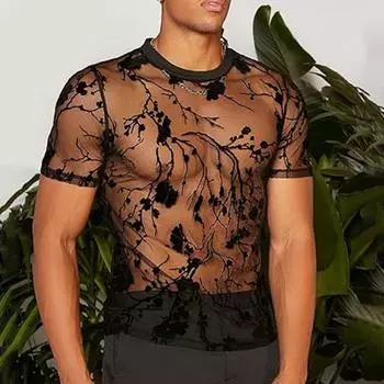 Мужской клубный топ с прозрачной сеткой и цветком с круглым вырезом и рукавами Ультратонкая короткая вышивка Slim Fit Party Performance Bartender Slutty Футболка S чёрный