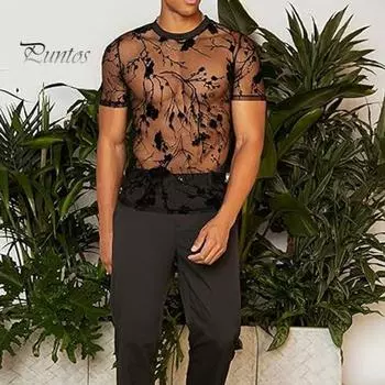 Мужской клубный топ с прозрачной сеткой, вышитыми цветами, круглым вырезом, ультратонкими короткими рукавами, облегающей посадкой, для вечеринок, выступлений, барменов, распутниц S чёрный