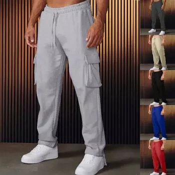 Мужской комбинезон с несколькими карманами, мужские спортивные штаны, повседневные прямые брюки с завязками L чёрный