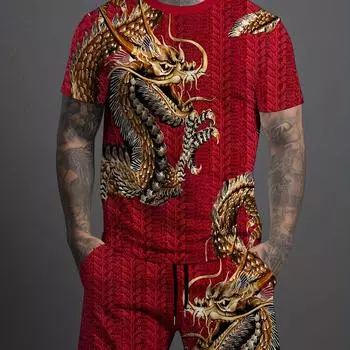 Мужской комфортный комплект из двух предметов с принтом дракона: модная футболка с короткими рукавами и повседневные шорты с карманами на шнурке для летней уличной одежды S