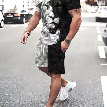 Мужской комплект домашней одежды с принтом льва: футболка с круглым вырезом с короткими рукавами и шорты с карманами для летнего комфорта и стиля S