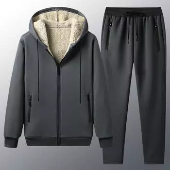 Мужской комплект флисовый толстовка с капюшоном брюки толстый теплый спортивный костюм спортивная одежда с капюшоном спортивный костюм мужской спортивный костюм L серый
