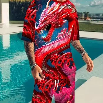Мужской комплект футболки и шорт с 3D графическим принтом дракона больших размеров для летних видов спорта на открытом воздухе S