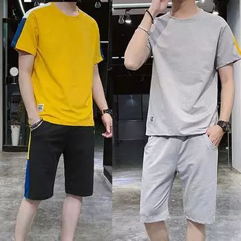 Мужской комплект футболок. Комплект из шорт и футболки. Футболка. Наряды. Цветные принты. На открытом воздухе. Повседневные. Быстросохнущий спортивный комплект. M серый