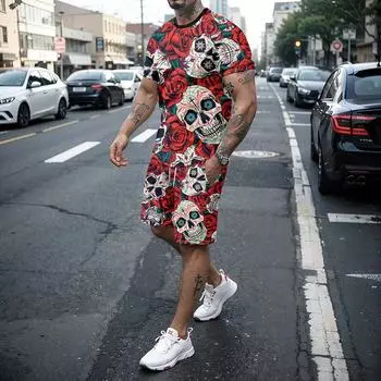 Мужской комплект футболок, летняя мода, креативный 3D-принтер, шорты с принтом черепа, комбинированный повседневный комплект из двух предметов с короткими рукавами 5XL
