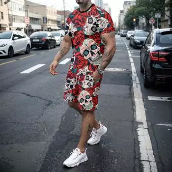 Мужской комплект футболок, летняя мода, креативный 3D-принтер, шорты с принтом черепа, комбинированный повседневный комплект из двух предметов с короткими рукавами S