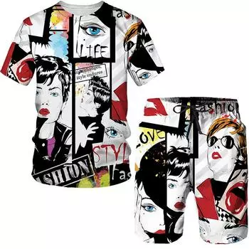 Мужской комплект футболок, модный топ и шорты с 3D принтом граффити, спортивная одежда, спортивный костюм, мужской уличный комплект летней одежды в стиле хип-хоп S