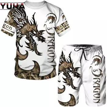 Мужской комплект футболок с 3D принтом Flying Dragon, мужской спортивный костюм/топы/шорты, спортивная одежда, крутой летний мужской костюм с короткими рукавами S