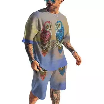 Мужской комплект футболок с принтом совы 3D, летняя футболка с короткими рукавами и круглым воротником, повседневный комплект мужской одежды для активного отдыха в стиле 3D S
