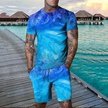 Мужской комплект из 2-х предметов футболка с рисунком листьев и растений, шорты и футболка, дизайнерский повседневный, удобный, для отдыха на природе, повседневный, 3D S