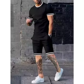 Мужской комплект из 2 предметов, полосатый манжет, индивидуальный покрой, короткий рукав, простой пояс с завязкой, полосатый подол, шорты S