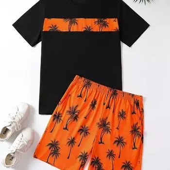 Мужской комплект из 2 предметов с изображением тропической пальмы — удобная футболка с круглым вырезом и спортивные штаны на шнурке, идеально подходят для летней повседневной одежды S