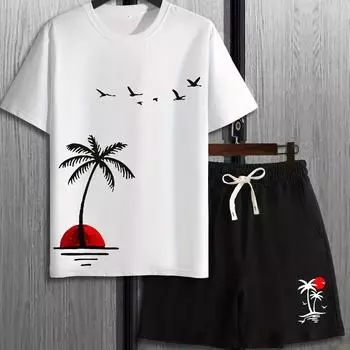 Мужской комплект из 2 предметов с принтом кокосовой пальмы: повседневная футболка и свободные шорты на шнурке для лета. S