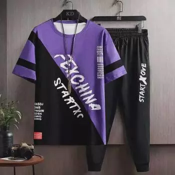 Мужской комплект из быстросохнущих повседневных брюк и летней футболки с принтом 5XL (175-190 jin)