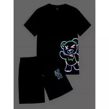 Мужской комплект из двух частей с красочным принтом в виде медведя, летняя повседневная мужская футболка с короткими рукавами, модные уличные мужские повседневные шорты XL