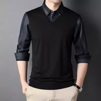 Мужской комплект из двух предметов, поддельный, осенний, новый, с воротником-стойкой, в корейском стиле, для молодежи и среднего возраста, свободная трикотажная рубашка-бант M