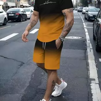 Мужской комплект из двух предметов с градиентным летним принтом алфавита, мужская футболка с круглым вырезом с короткими рукавами и шорты на шнурке с карманами L