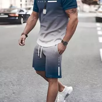 Мужской комплект из двух предметов: топ и шорты градиентного цвета, футболка с коротким рукавом и шорты с круглым вырезом с буквенным принтом «ПАРИЖ» S