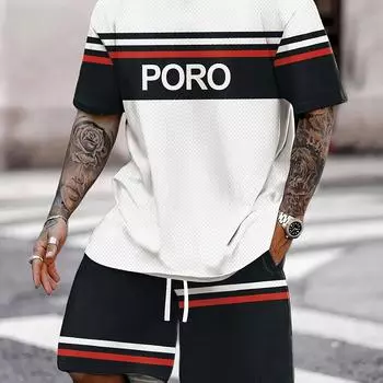 Мужской комплект из футболки и шорт с графическим рисунком Fashion-Forward — удобный круглый вырез, смелые геометрические принты, идеально подходит для летней повседневной одежды L