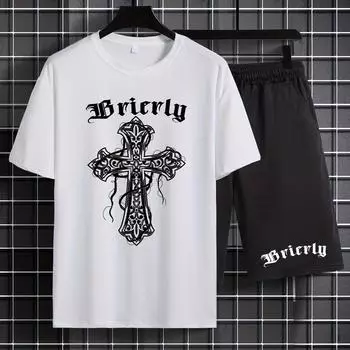 Мужской комплект из футболки и шорт с цветочным принтом и крестообразным узором, лето S