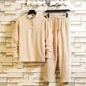 Мужской комплект из рубашки и брюк из хлопка и льна с длинными рукавами, мужской повседневный топ на больших пуговицах XXXXL хаки