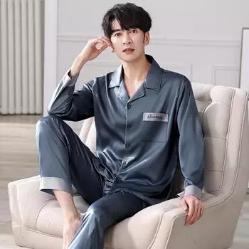 Мужской комплект из шелка Ice Silk с длинным рукавом на весну и осень, молодежная свободная и удобная домашняя пижама на все времена года L чёрный