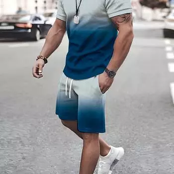 Мужской комплект летней одежды с градиентом, состоящий из двух предметов: мужская футболка с круглым вырезом с короткими рукавами и шорты на шнурке с карманами S