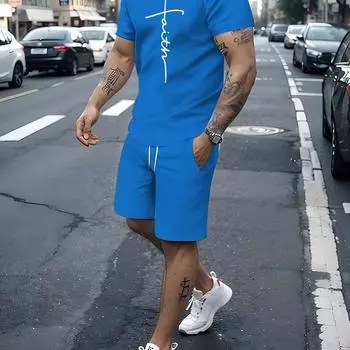 Мужской комплект летней одежды с принтом FAITH из двух предметов: дышащая футболка с круглым вырезом с короткими рукавами и шорты на шнурке с карманами, которые можно стирать в машине L