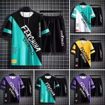 Мужской комплект летней спортивной одежды из 2 шт./компл., футболка с коротким рукавом и эластичным шнурком на талии, шорты с карманами, комплект пэчворк, цветной повседневный наряд 2XL светло-зеленый