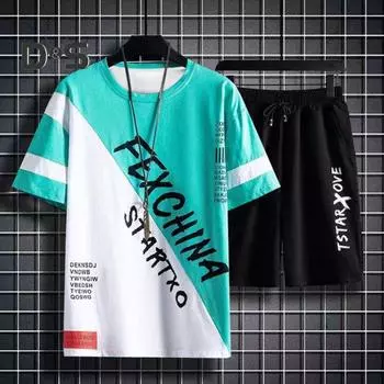 Мужской комплект летней спортивной одежды из 2 шт./компл., футболка с коротким рукавом и эластичным шнурком на талии, шорты с карманами, комплект пэчворк, цветной повседневный наряд 3XL фиолетовый