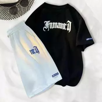 Мужской комплект летней спортивной одежды из 2 шт./компл., футболка с коротким рукавом и буквенным принтом, эластичная талия, регулируемый шнурок, широкие шорты, комплект, вафельная текстура M