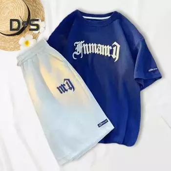 Мужской комплект летней спортивной одежды из 2 шт./компл., футболка с коротким рукавом и буквенным принтом, эластичная талия, регулируемый шнурок, широкие шорты, комплект, вафельная текстура L синий