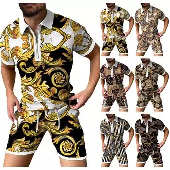 Мужской комплект летних шорт из 2 предметов. Летний спортивный костюм. Рубашка с короткими рукавами и шорты на молнии с лацканами. Повседневный спортивный костюм. XL розовый