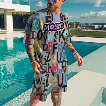 Мужской комплект, летняя повседневная спортивная одежда 3D, большие размеры, пляжная уличная футболка Harajuku, шорты с короткими рукавами, персонализированный комплект из 2 предметов S