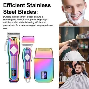Мужской комплект машинки для стрижки волос 3 в 1, беспроводной набор для стрижки, электробритва, триммер для бороды, лезвия из нержавеющей стали, ЖК-дисплей, USB-кабели для зарядки, бритва разноцветный