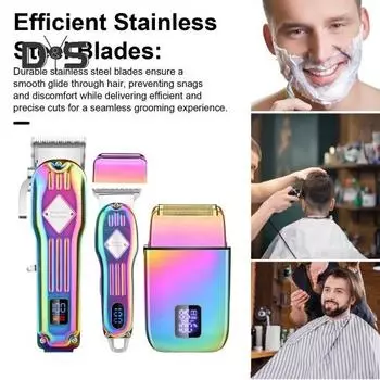 Мужской комплект машинки для стрижки волос 3 в 1, беспроводной набор для стрижки, электробритва, триммер для бороды, лезвия из нержавеющей стали, ЖК-дисплей, USB-кабели для зарядки, бритва разноцветный