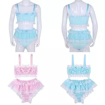 Мужской комплект нижнего белья из атласа и кружева с рюшами и оборками, бюстгальтер и трусики с юбкой, нижнее белье-блумер M