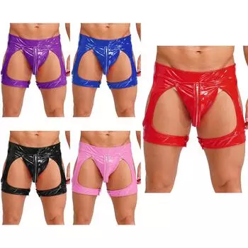 Мужской комплект нижнего белья из искусственной кожи, съемный мешочек, застежка-молния спереди, ремешок на ноге, стринги, ролевые игры, клубное нижнее белье S