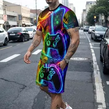 Мужской комплект одежды из двух предметов: неоновые огни и геймпад с 3D-принтом, мужская футболка с коротким рукавом и новый комплект шорт на шнурке S