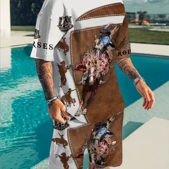 Мужской комплект одежды из двух предметов с цифровым принтом и цветными блоками в лошадином стиле, мужская футболка с коротким рукавом и дышащие шорты, летний комплект на открытом воздухе S