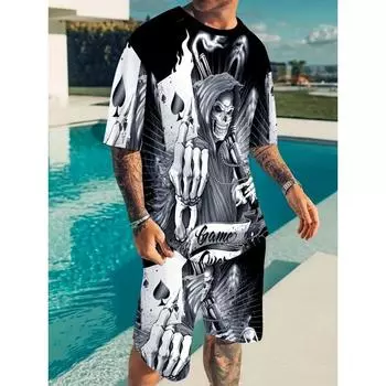 Мужской комплект одежды, повседневная футболка с круглым вырезом, коротким рукавом и шортами, графический принт в виде черепа, комплект из 2 предметов для летнего активного отдыха на свежем воздухе S